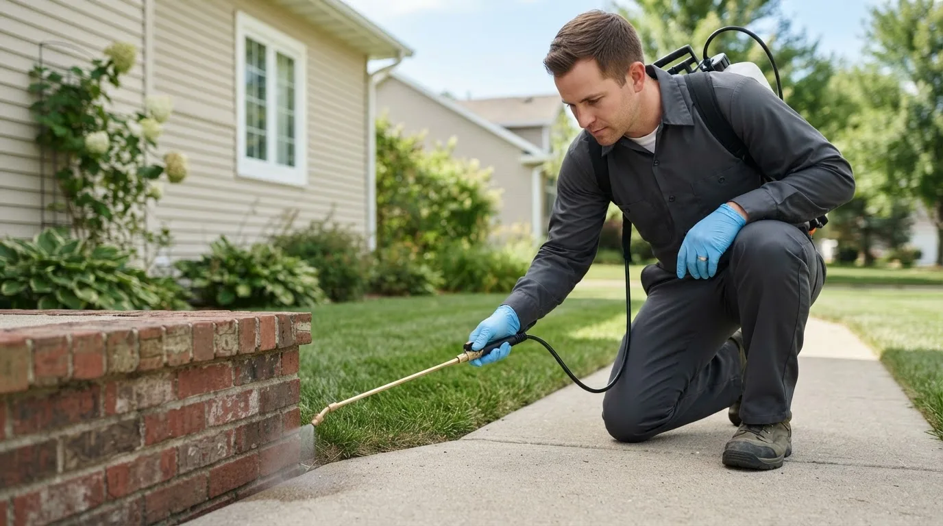 Pest control technician treating a home near Adams, ND