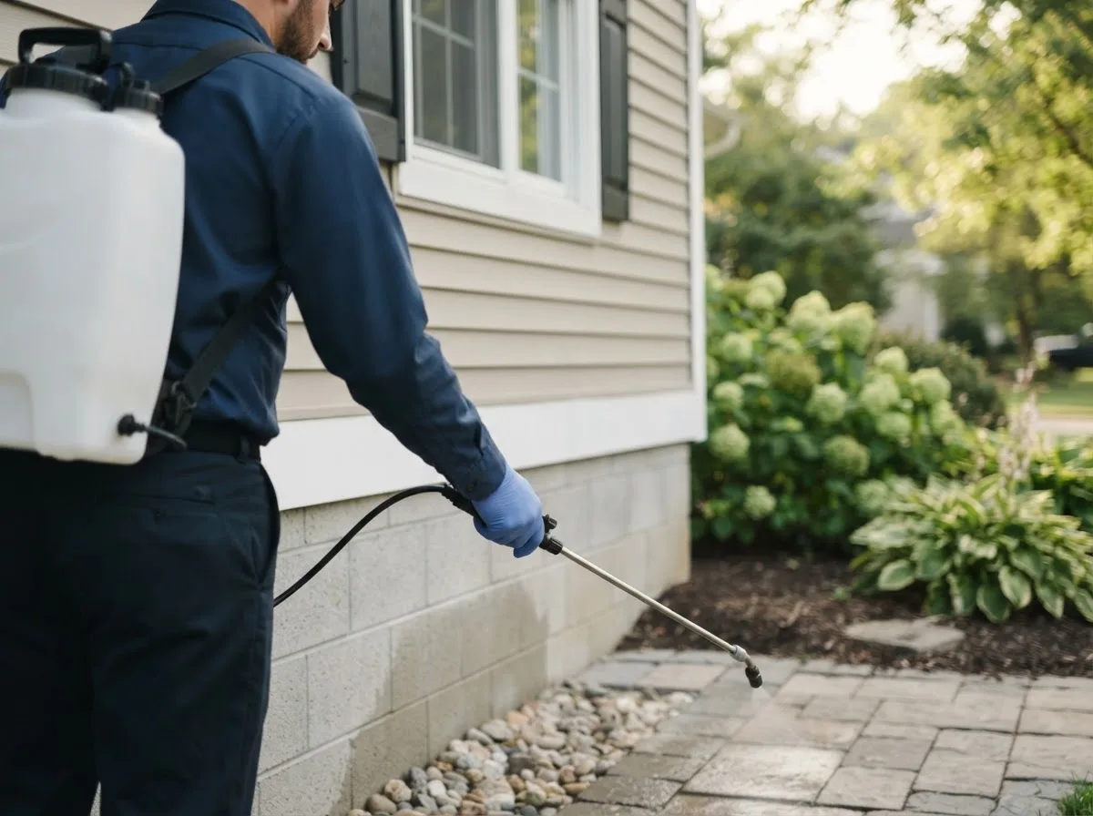 Pest control technician inspecting a home in Adams, ND